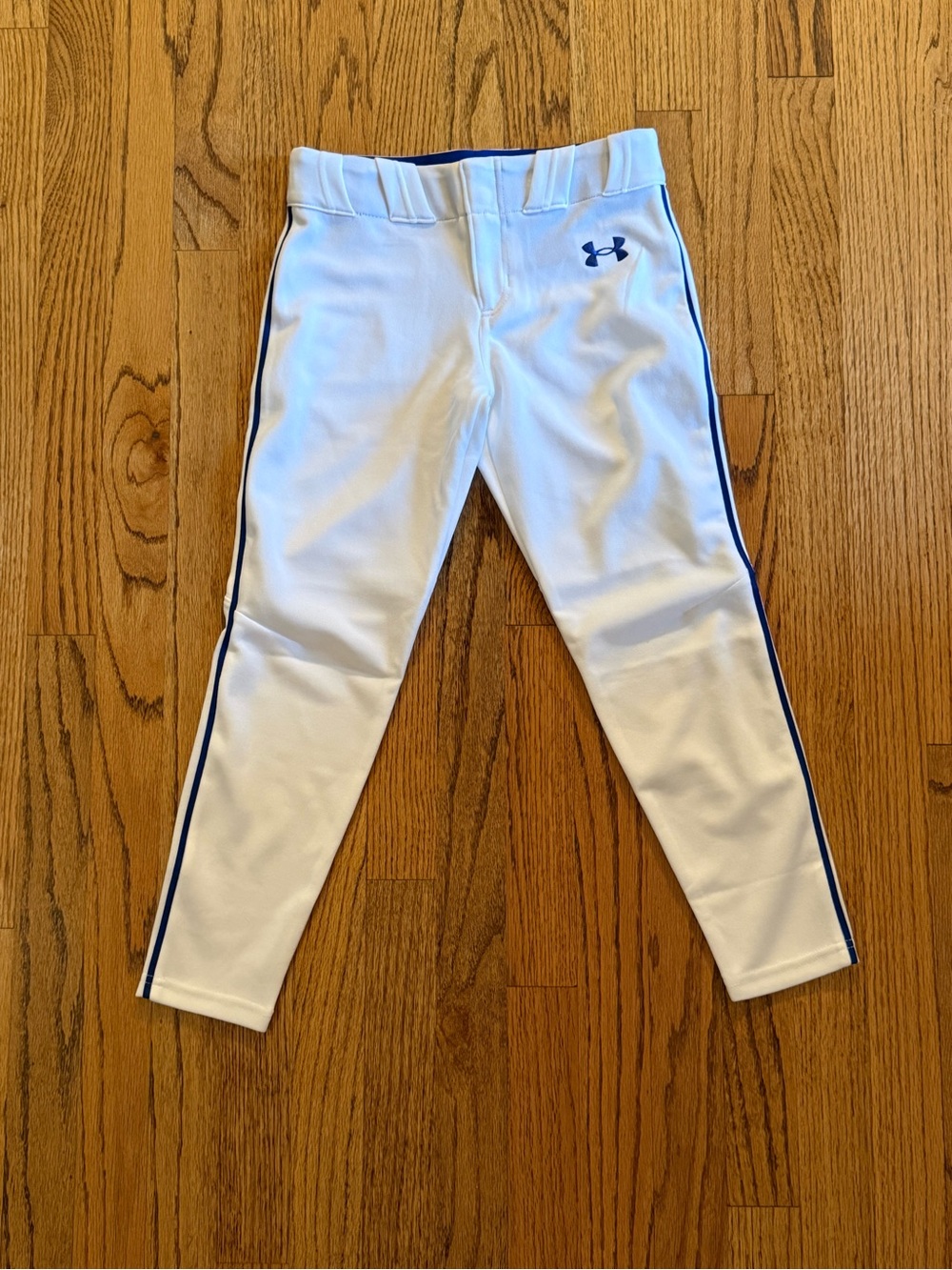 Under Armour White Kids Baseball Pants with Blue Piping
